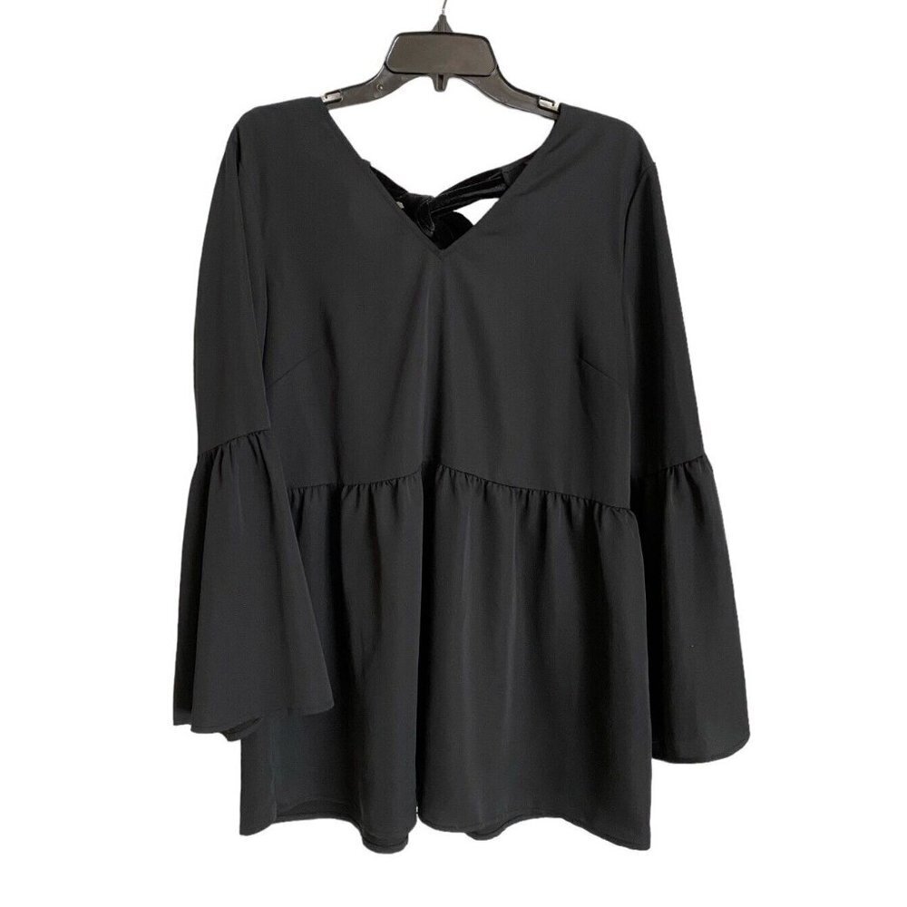Halogen Womens Black Peplum Blouse Velvet Tie Bell Sleeve‎ Size S Small Tunic
